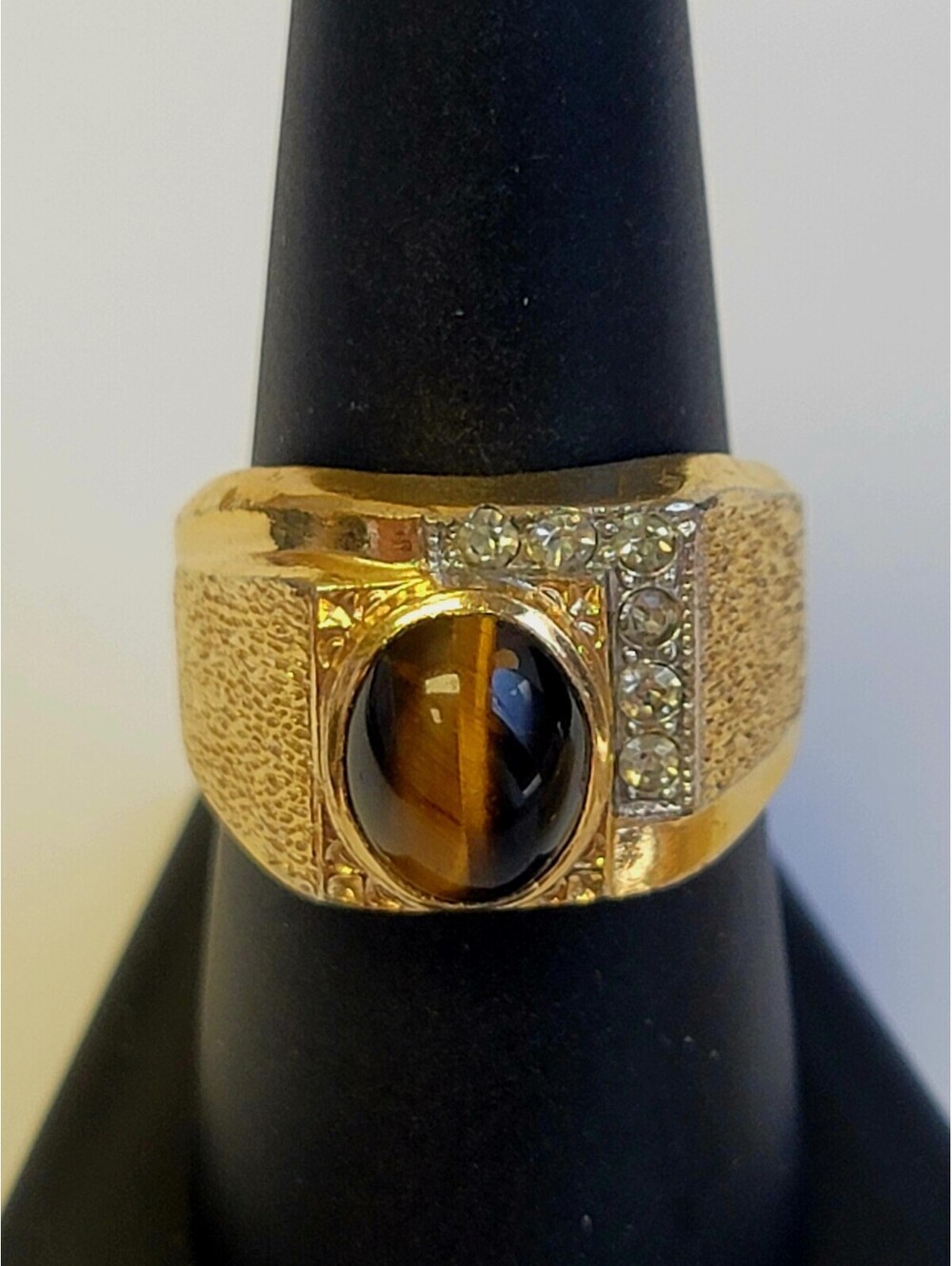 Vintage Yellow Gold  GT Men's Tiger's Eye Ring With Rhinestones Sz 8